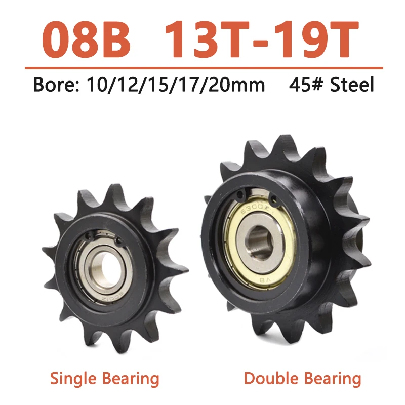 13T-19T 08B Sprocket with Bearing 13 15 17 19 Teeth Idler Sprocket Drive Chain Gear Bore 10 12 15 17 20mm 45# Steel Blacken 1pc