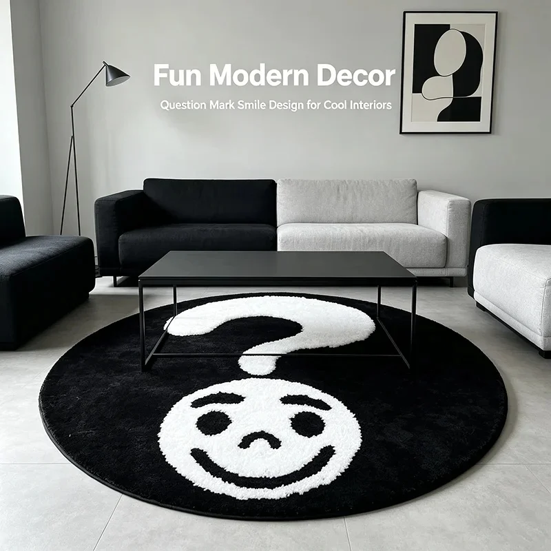 Black White Funny Smiley With Question Mark Round Rug Soft Fluffy Non‑Slip Bedside Dorm Living Room Floor Mat