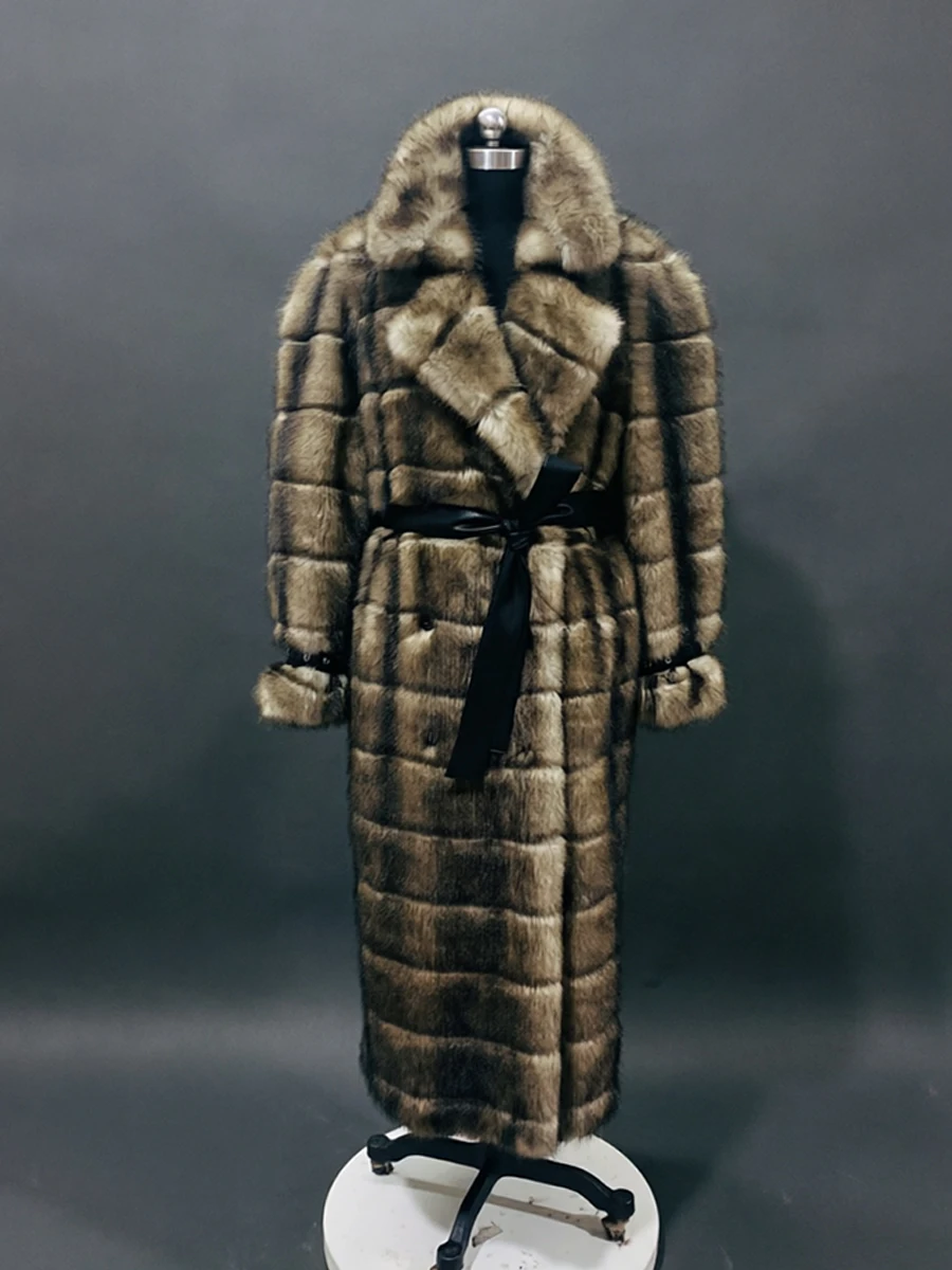 Nerazzurri Winter Long Oversized Striped Thick Warm Fluffy Faux Sable Fur Coat Women Shoulder Pads High Quality  Furry Overcoat