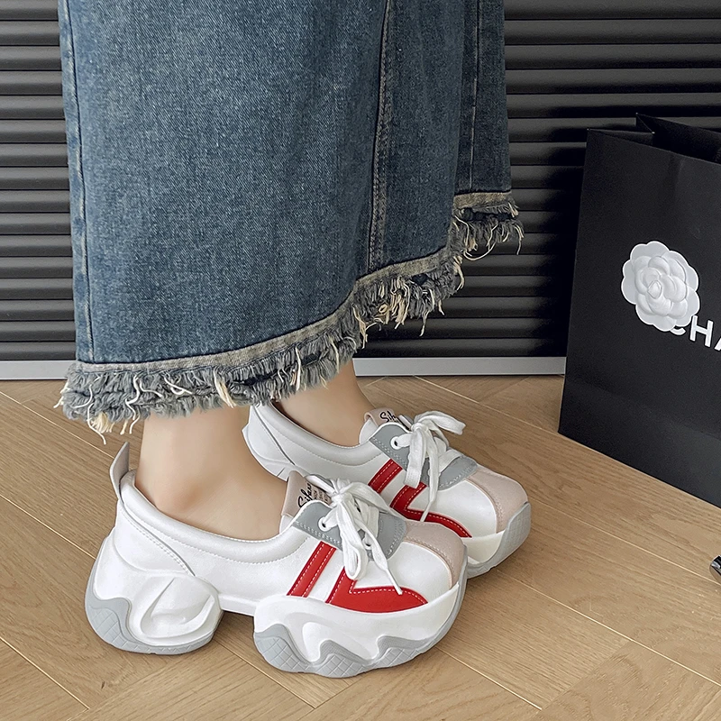 Women Walking Sneakers Spring Autumn Lace-up High Platform Chunky Shallow Loafers Breathable Leather Wedge Heels Casual Shoes
