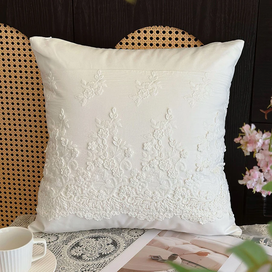 French Embroidered Cotton Throw Pillow White Lace Square Cushion Sofa Bedroom Decorative Pillow for Home Living Room
