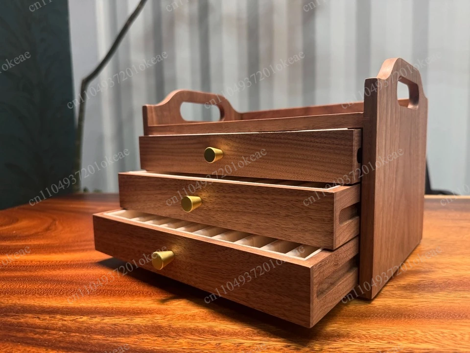 Multi-layer Drawer Storage Box, Black Walnut Wood Pen Organizer with Brass Handle, Large Capacity Desk Display Case