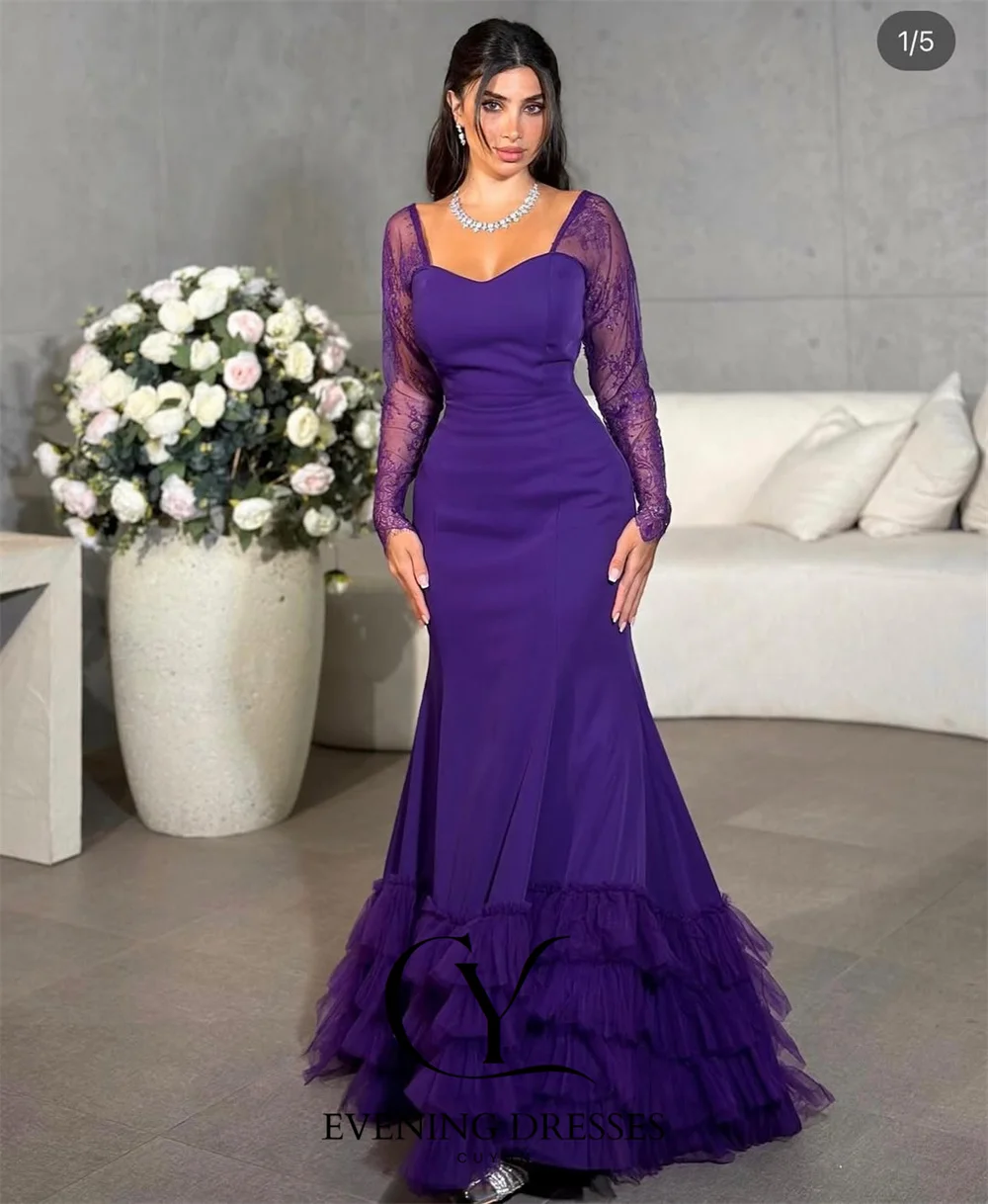 فساتين سهرة للنساء من CUYUN باللون الأرجواني الداكن حورية البحر من الدانتيل وأكمام طويلة متدرجة مطوي للحفلات فستان رسمي مخصص #3