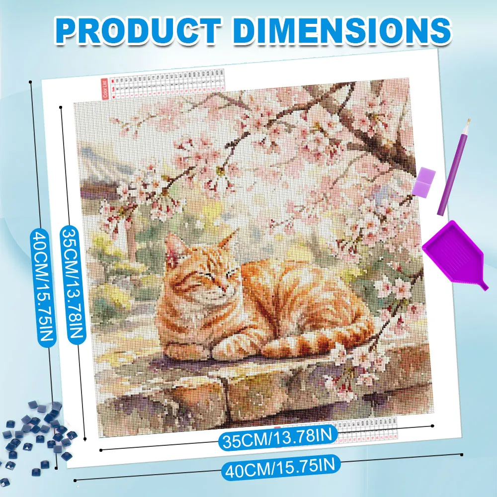 Huacan Full Square Round Diamond Painting Cat Cherry Blossom Branches Diamond Mosaic Animal Flower Complete Kit Gift