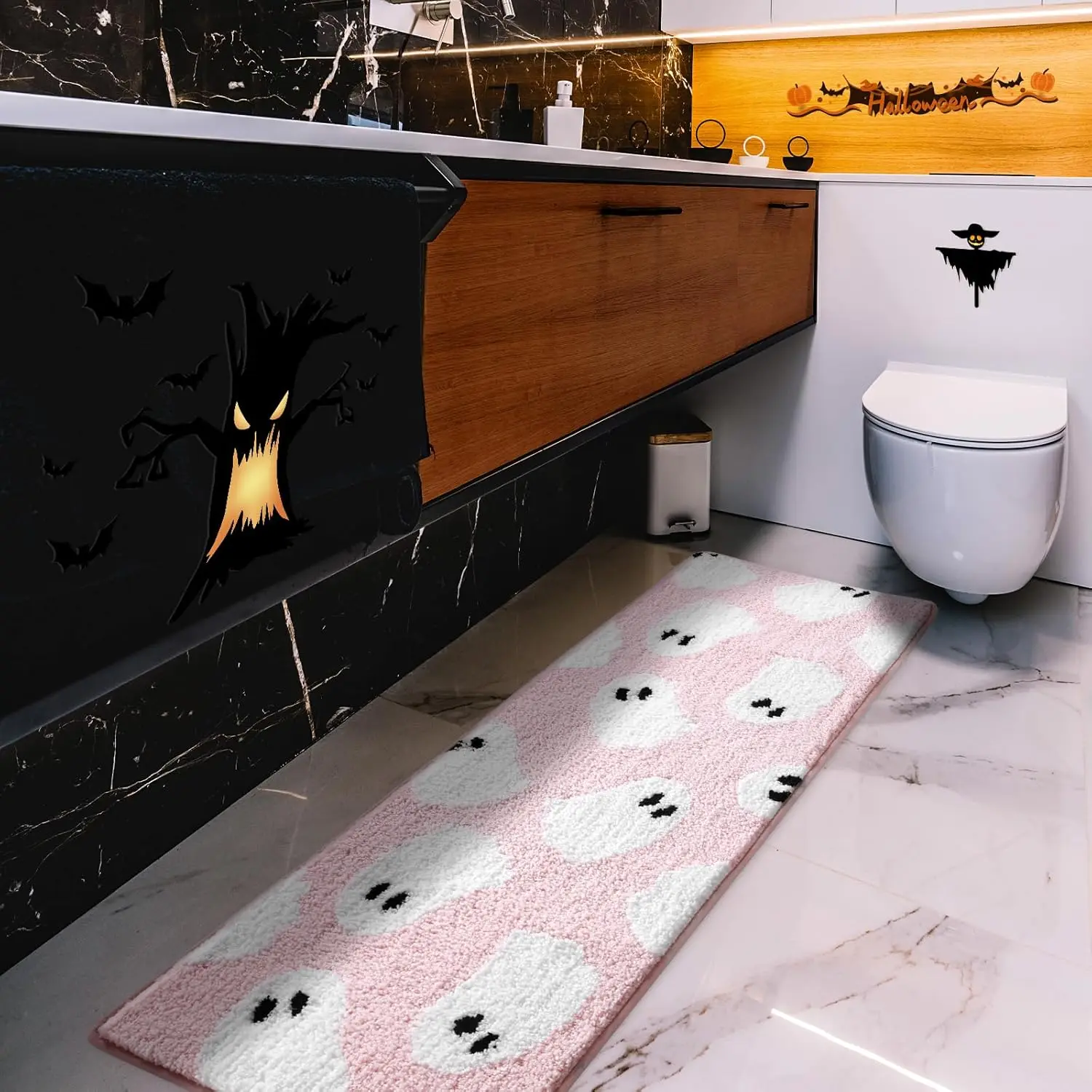 

Коврик для ванной Ghost, 18x45 дюймов, розовый, мягкий и впитывающий, тафтинговый, нескользящий, моющийся, на тему Хэллоуина