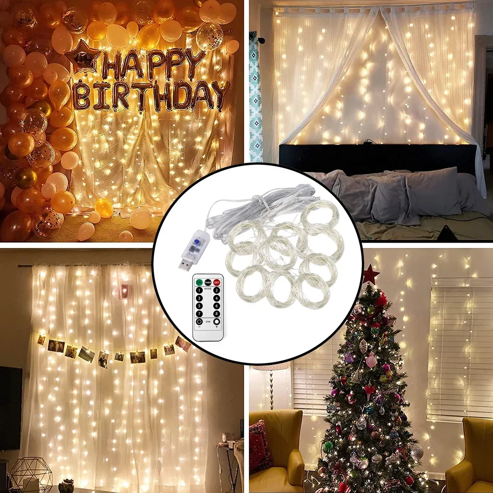 Guirlande lumineuse rideau de noël à LED, 8 Modes, avec télécommande USB, décoration de fête de mariage et de noël, jardin extérieur