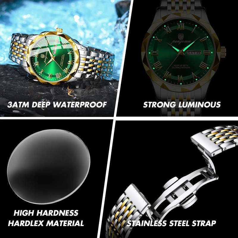 Reloj de pulsera PAAZOMU de cuarzo de lujo para hombre, relojes deportivos para hombre, Reloj luminoso resistente al agua con fecha y semana, Reloj de acero inoxidable para hombre + caja