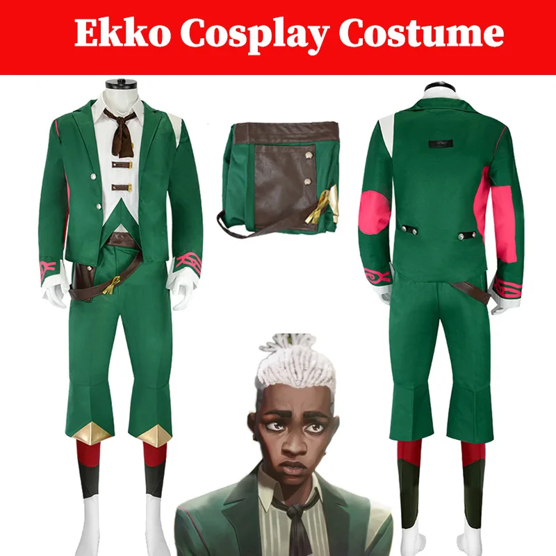 Arcane Season 2 Ekko Cosplay Green Costume Game LoL Disguise Outfits Men Male Disguise Outfits Halloween Party Roleplay Suits