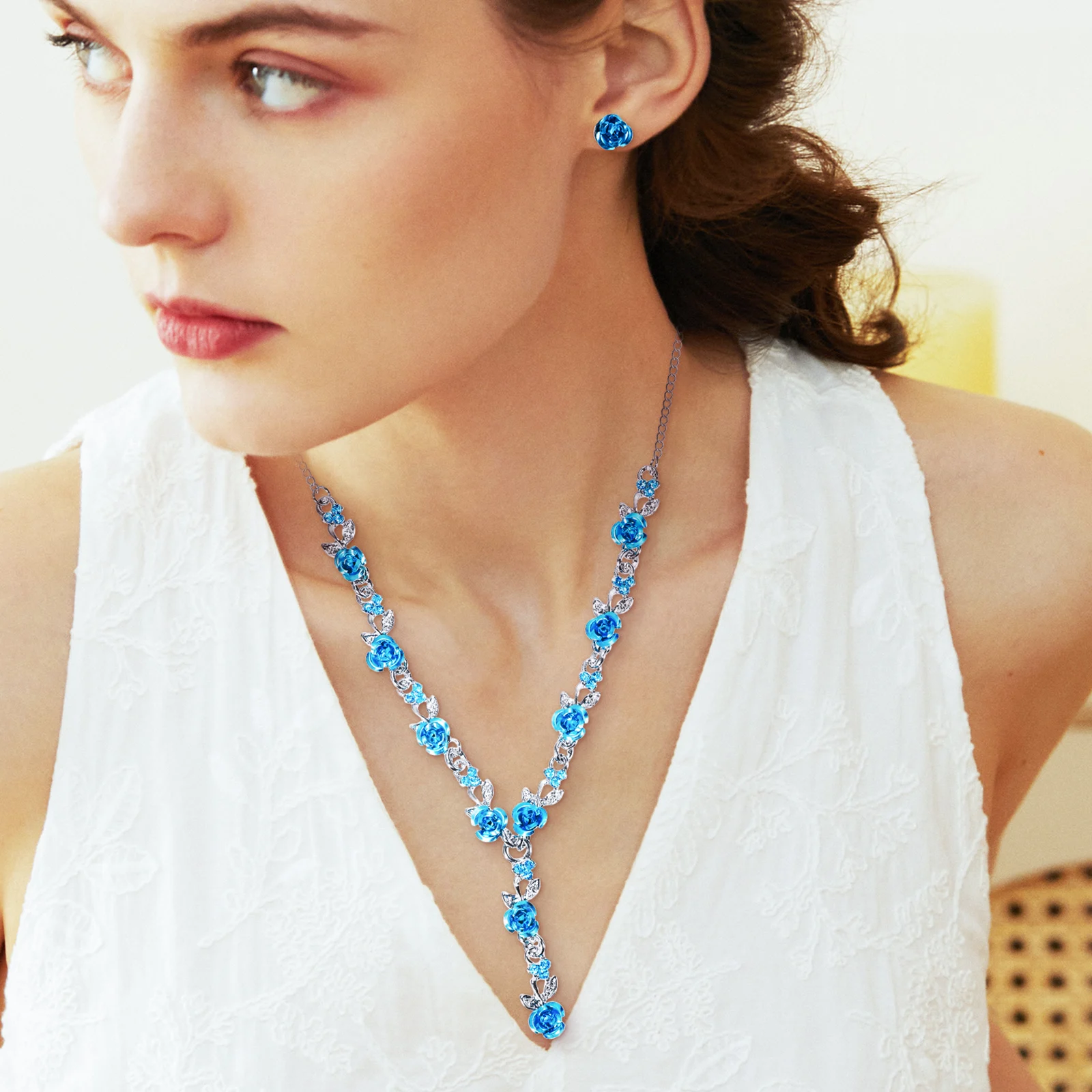 

2 Sets Necklace Earrings Pendant Necklace Earring Set Red Blue Alloy Women Jewelry Retro Pendant Party Daily Gifts