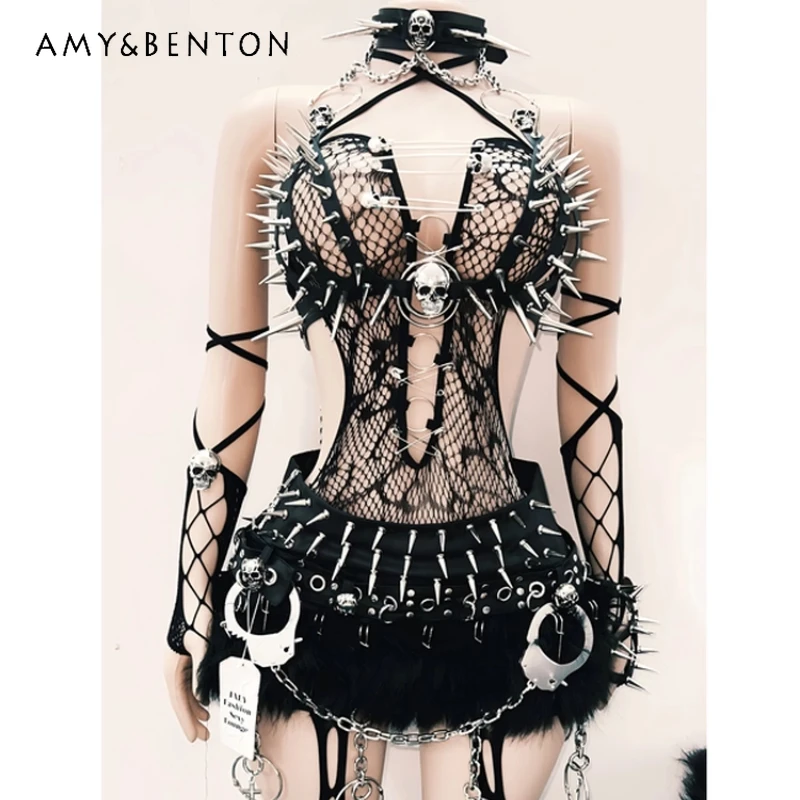 

Original Dark Subculture Mesh Splicing Bar Nightclub Handcuff Decoration Punk Sweet Cool Sexy Skirt Performance Costume Ladies