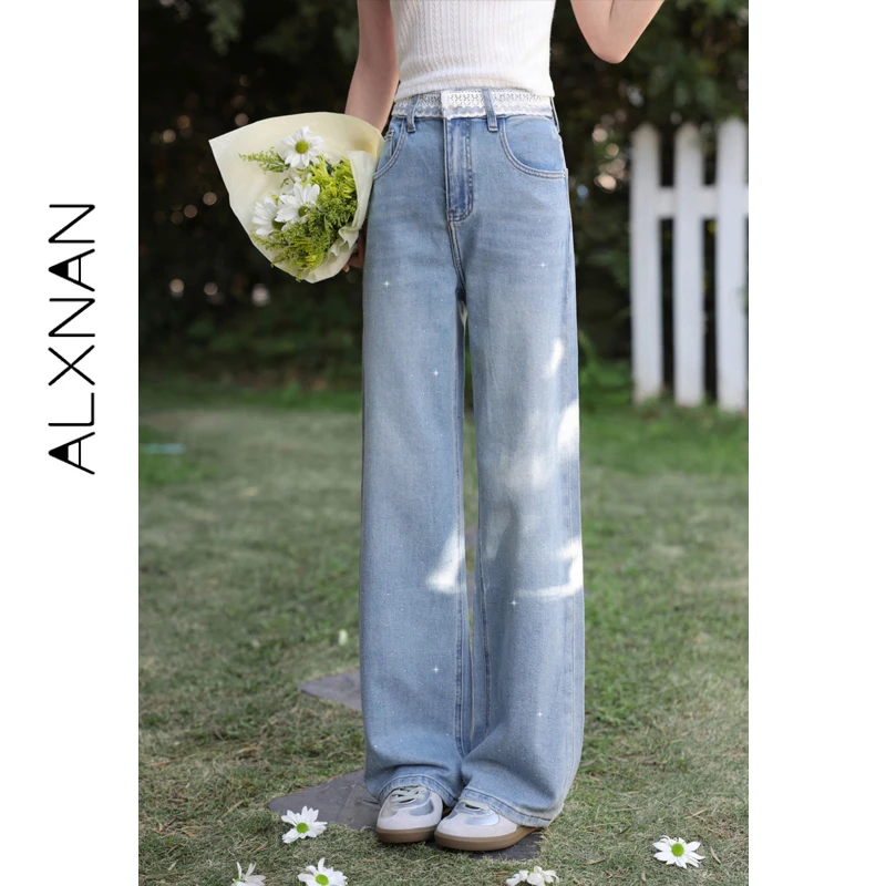 

ALXNAN Vintage Blue Jeans Women Lace Hotfix Rhinestone Waistband Baggy Denim Pants Wide Leg Retro Casual Trousers Ladies L61729