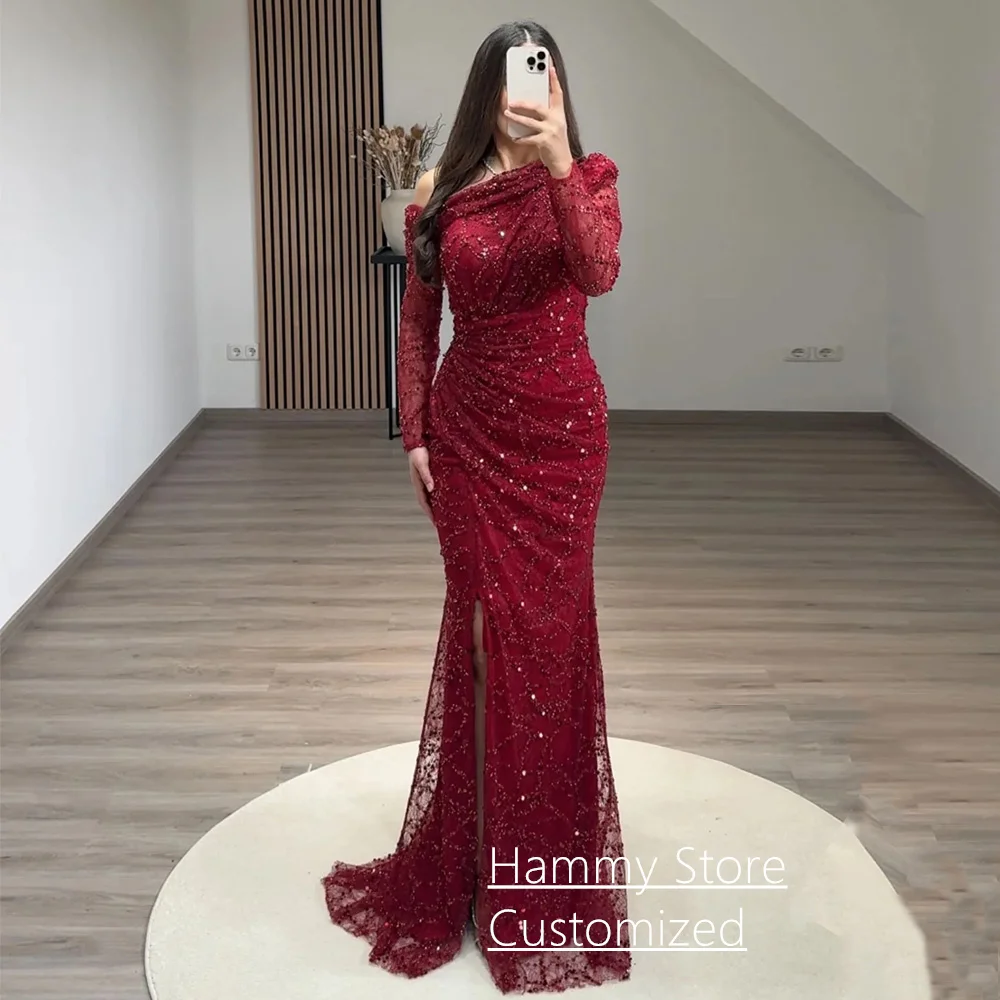 Sexy Mermaid Evening Dress Customized One Shoulder Long Sleeve Sequined Trumpet Prom Gown Split Dancing Party Dresses