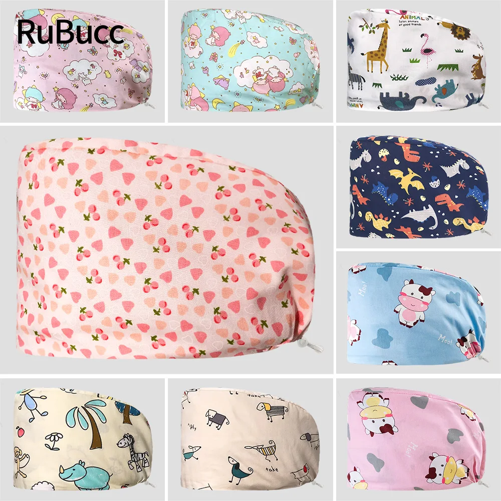 100% Cotton Cartoon Printed Hospital Nursing Hat Adjustable Scrub Medical Doctor Cap Laboratory Work Hat Pet Clinic Surgery Caps