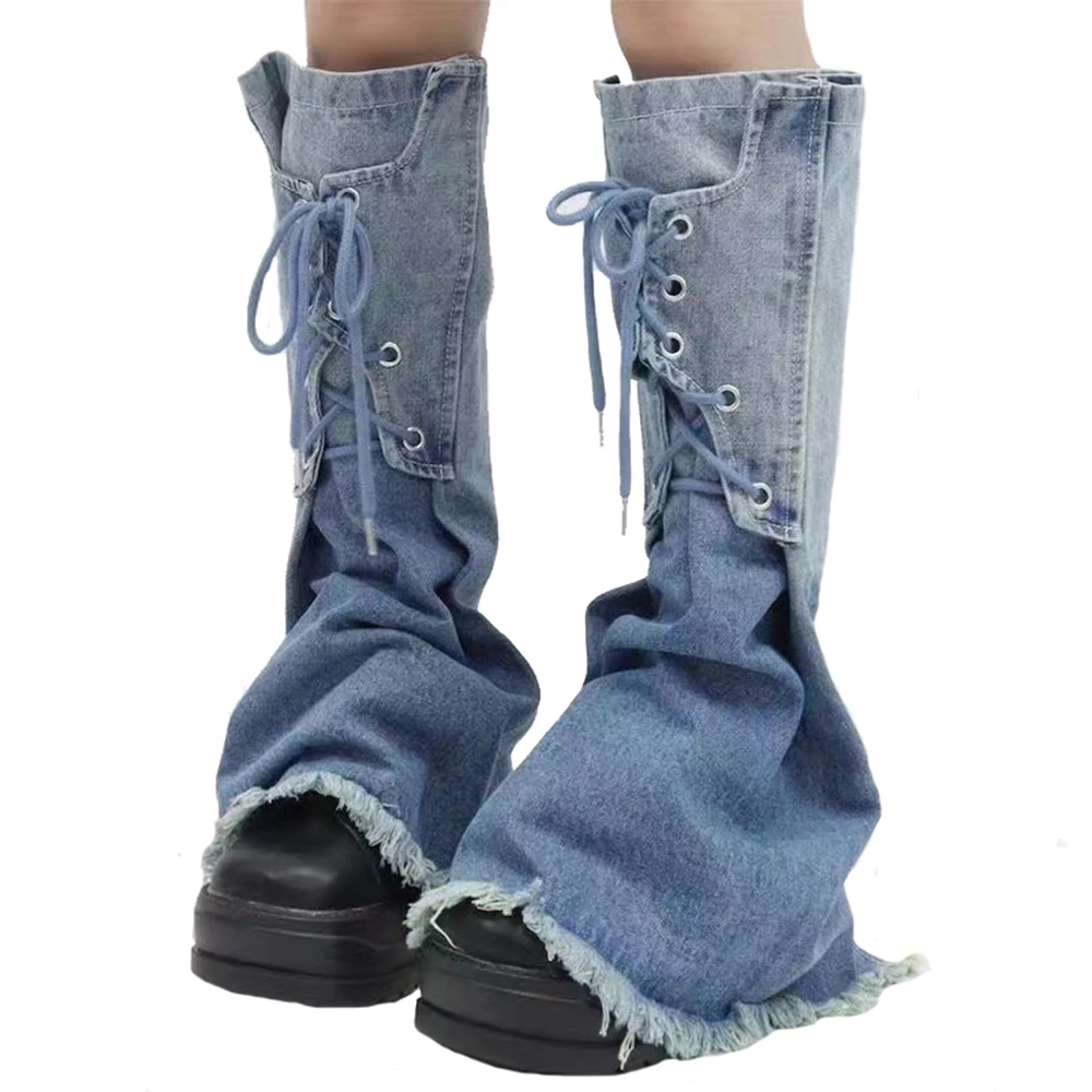 

Gradient Color Denim Leg Covers Slim Tassel Pile Boots Socks Harajuku Women Girls Lace-up Leg Warmers Y2K High Street Punk Style