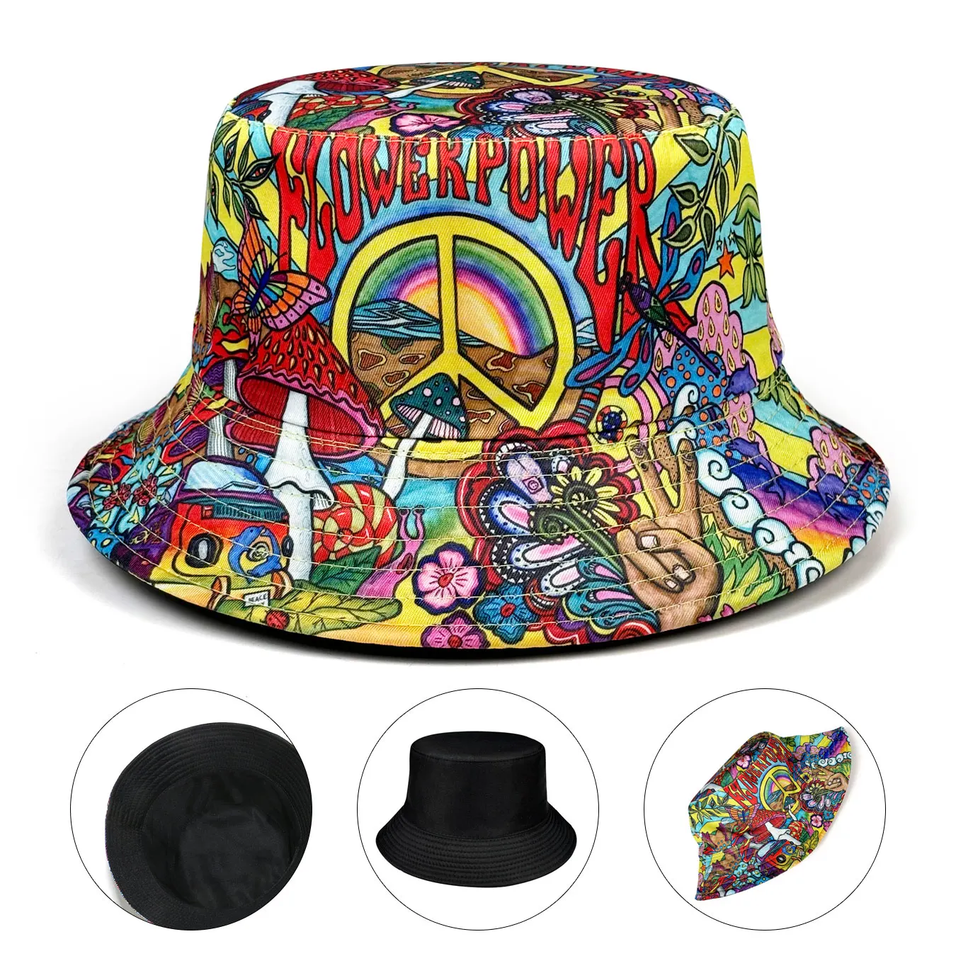 Flowerpower Peace Bike Retro Punk Hippie Fisherman Hat, Double-Sided Wear, Artistic Poster Design, Vibrant Bucket Hat, Reversible Printed Bucket Hat, Unisex Outdoor Sports and Leisure Fashion Accessory, Suitable for Festivals, Parties, and Adventures