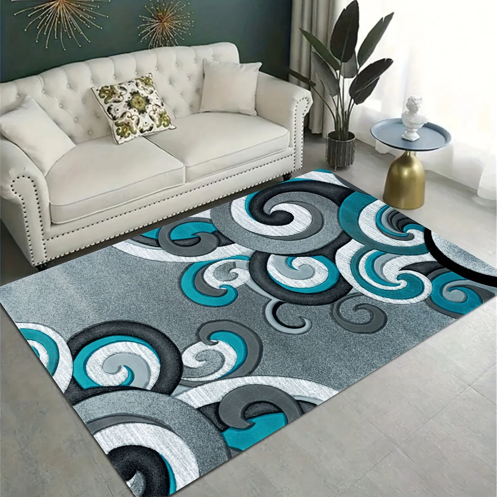 Non-Slip Swirl Pattern Area Rug for Yoga Room Bedroom Living Room Bathroom - Modern Washable Home Decor in Blue-Grey