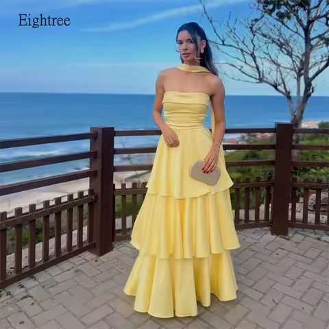 Eightree Modern Yellow Strapless A Line Formal Prom Gowns Scarf Ruffled Evening Dress Floor Length Party Dress 2026 Customized