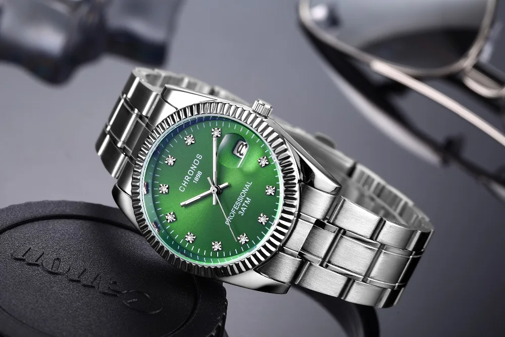 CHRONOS Man Waterproof Quart Watch with Date Analog Business Watch Male Stainless Steel Rhinestone Watch Green Blue Dial