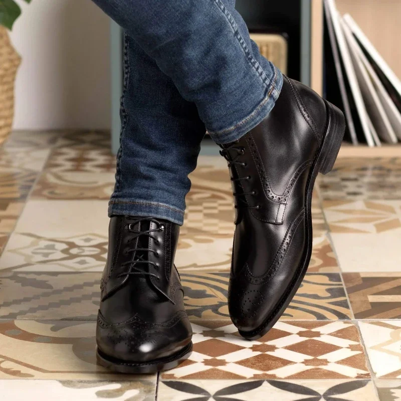 

Black Men Short Boots Block Brown Lace-up Pointed Toe Solid Business Men Ankle Boots Size 39-45 Men Boots