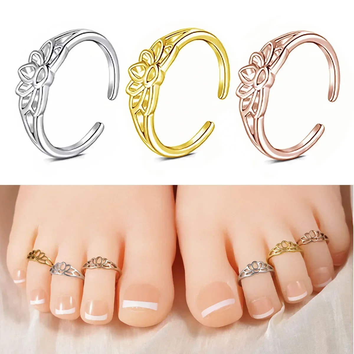 3 Pec Adjustable Bow Hollow Lotus Design Toe Ring Waterproof Stainless Steel Summer Beach And Daily Wear Women's Foot Ring