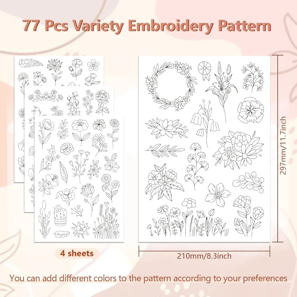 Water Soluble Embroidery Patterns for Beginners 4 Sheets with 77pcs Wildflower Patterns Charming Flowers Wash making kit