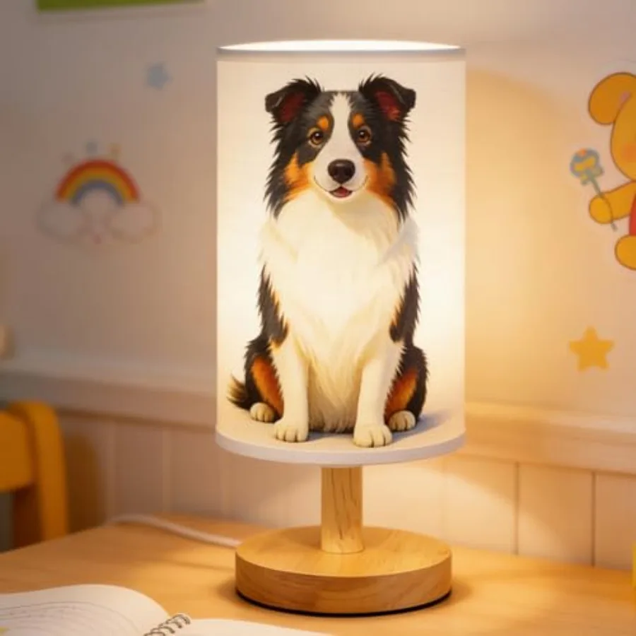 Lamp, Animal Lamp 3 Colors Nightstand Light Lamp, Round Wood Base Flaxen Fabric Desk Lampfor Room, Night Light Gift for LED Bul