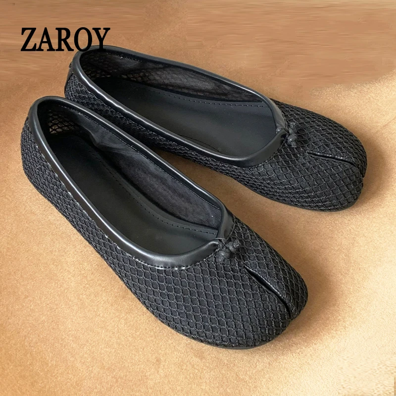 Mesh Women Flat Shoes Summer Fishnet Hollow Breathable Casual Walking Shoes Split Toe Soft Fishnet Ballet Flats Tabi Sneakers
