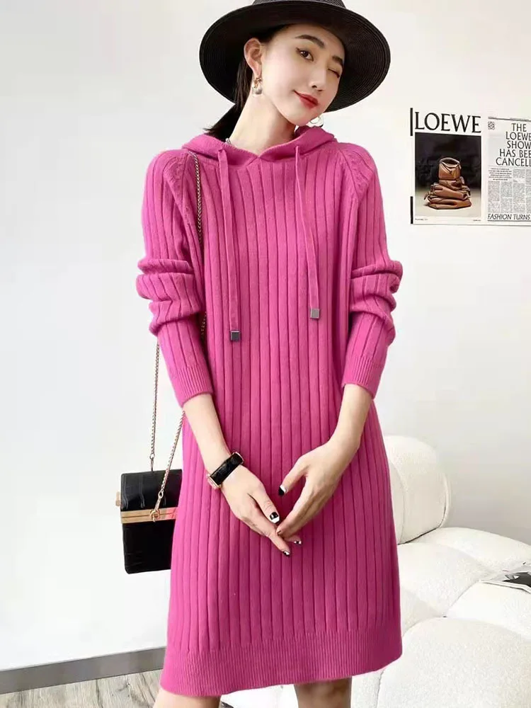 2023Autumn And Winter New Hooded Knitted Wool Gown Ladies' Drawstring Long Loose Sweater With Long Sleeves Inside Dress