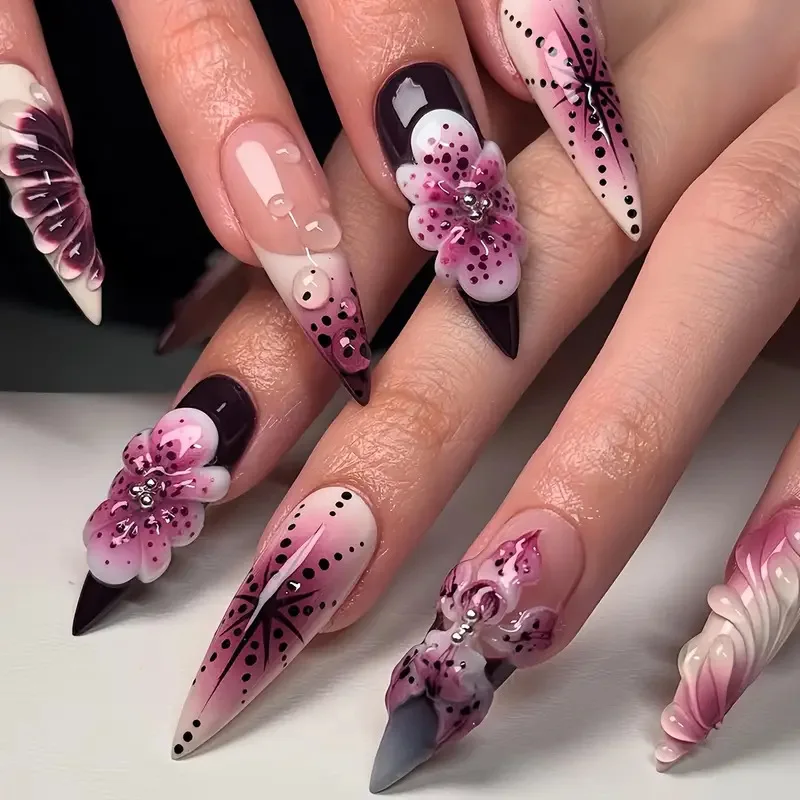 

24Pcs Long Stiletto Press on Fake Nails Purple Smudge French Wearable False Nails 3D Flower Irregular Dot Full Cover Nails Tips