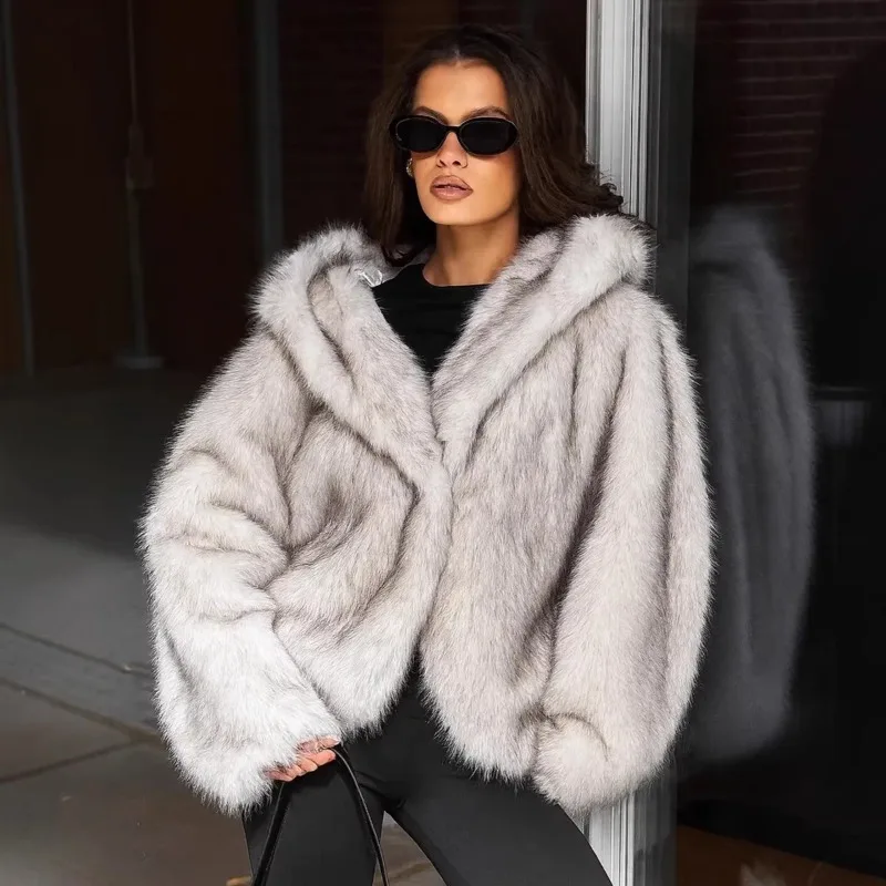 The New Autumn Winter Fashion Women's Fur Hooded Jacket. Imitating Fox Fur Coat Are Elegant and Trendy. Temperament Clothing.