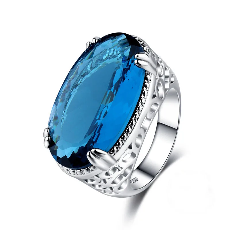 Silver Color Classic Blue Crystal Bijoux Fashion Cocktail Wedding Ring Cubic Zirconia Jewelry for Women As Love Gift