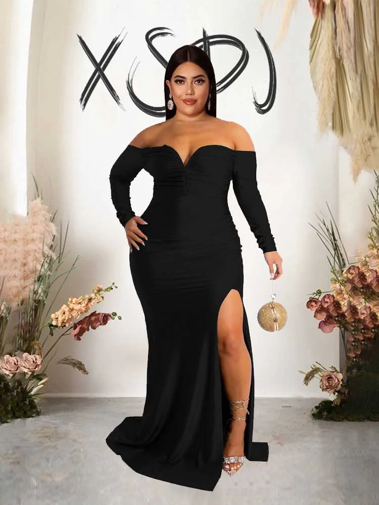 Women Elegant Off The Shoulder Dress Strapless Long Sleeve Evening Party Dress Spring Plus Size Female Side Slit Dress Elegant