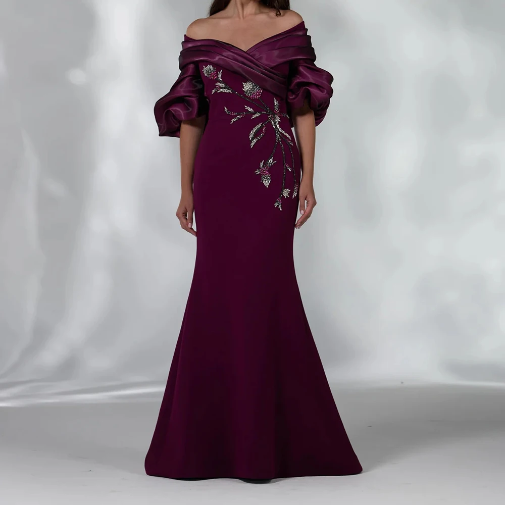 

Customized A-line Evening Dresses Floor-length Off The Shoulder Half Sleeve Prom Gown Fashion Flowers Pleat Draped Party Gown