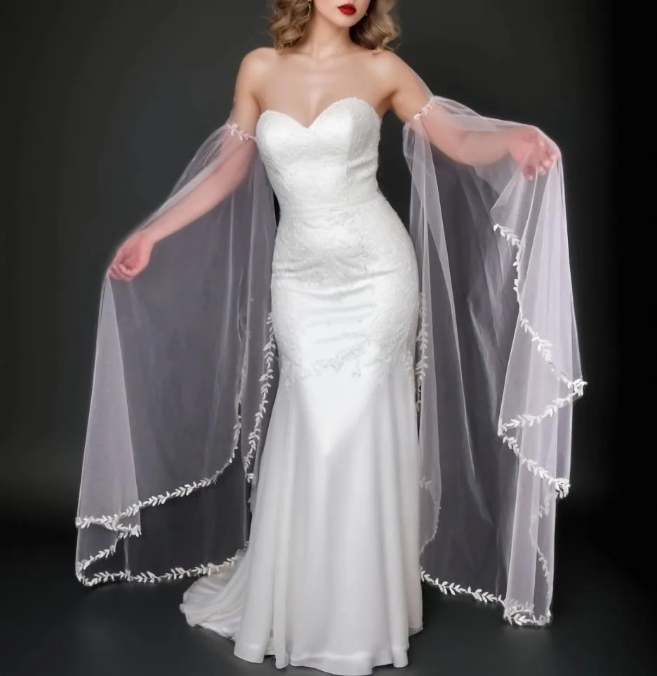 100cm Detachable Sheer Sleeves Leaf Pattern Side Open Pearl Button Bridal Wedding Evening Party Arm Accessories GM31