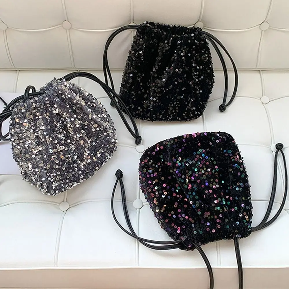 Korean Sequin Drawstring Bucket Bag Small Crossbody Bag Shoulder Bag Fashion Personality Women's Bundle Handbag