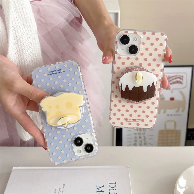 

Fashion Simple Polka Dot Magnetic Phone Case For iPhone 16 Pro 15 14 13 Pro Max Cover with Cute Cake Stand Holder Cases Funda