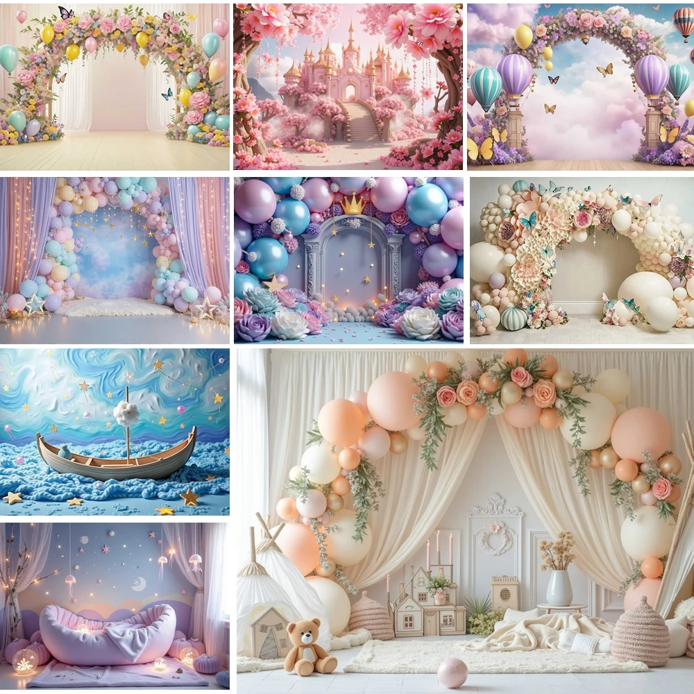 

MOON.QG Happy Birthday Backdrop Balloon Arch Curtains Flower Background Photography Kids Decoration Shooting Props Photo Poster