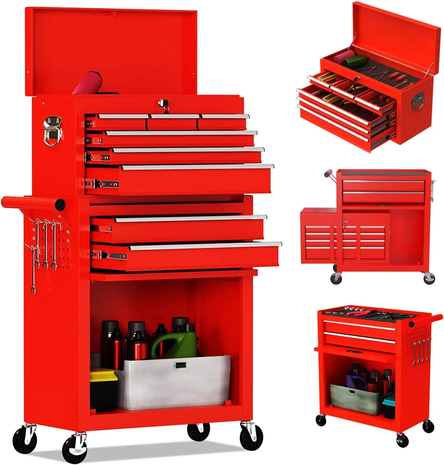 Capacity Rolling Tool Chest, Removable Cabinet Storage Tool Box with Wheels and Drawers, Detachable Toolbox