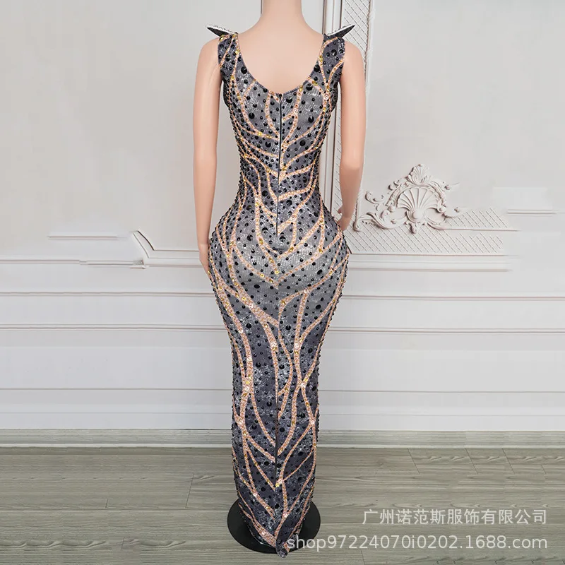 تصميم تحسس اعوج الماس معسر الخصر مزاجه فستان أسود عصري الملابس المنصة أداء الملابس المغنية #3