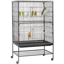 Metal  Large Rolling Bird Cage with 3 Perches, 4 Feeders, and Extra Storage Shelf, Black Bird Cage Decoration