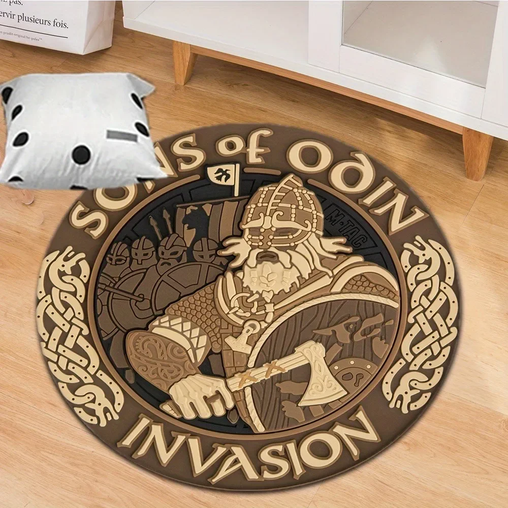 Viking Sons of Odin Round Area Rug, Nordic Warrior Theme Office Chair Mat, Non-Slip Floor Carpet for Living Room Bedroom