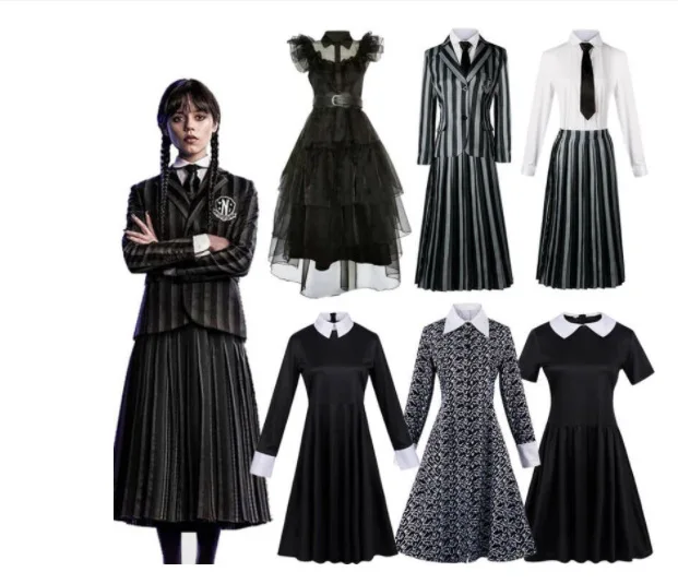 

Wednesday Adams' Black Printed Dress Cosplay School Costume For The Addams Family.