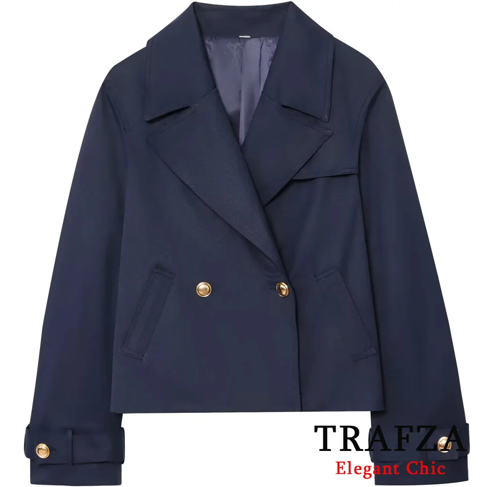 

TRAFZA Women Double-Breasted Short Windbreaker Navy Blue Slim Trench Coat 2025 Spring Fall Fashion Commute Elegant Lady Coat