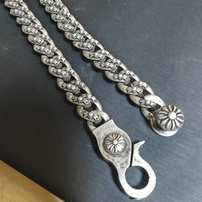 Antique Tone Chunky Floral Daisy Link Bracelet Snap Buckle Retro Punk Unisex Daily Statement Wrist Accessory