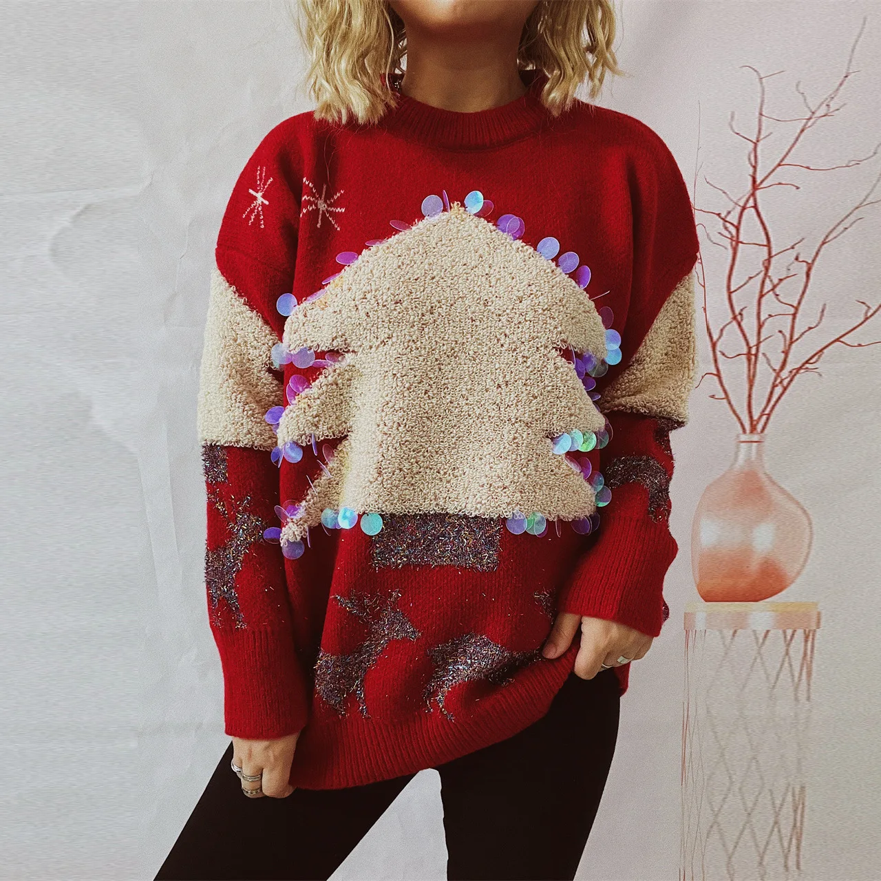 

2023 Holiday Sweater Handmade Sequins Christmas Tree Little Deer Jacquard Thickened Pullover