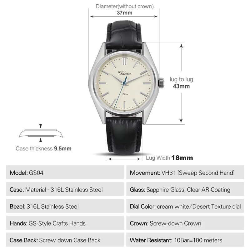 Chameri GS04 37mm Quartz Watch VH31 Movement Sapphire Crystal Stainless Steel 100m Waterproof Vintage Watches