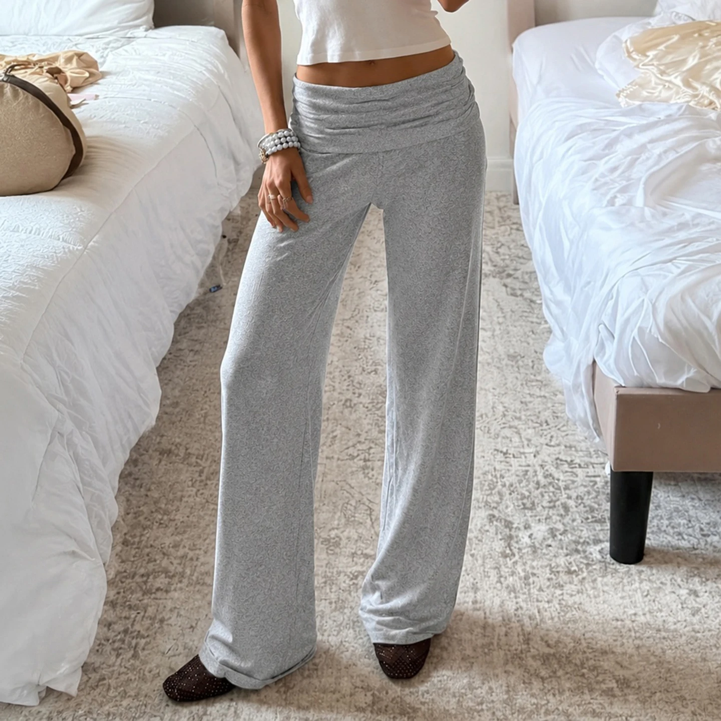 SUCHCUTE Women Y2K Fold Over Waist Wide Leg Pants Solid Knit Loose Flared Trousers Low Rise Casual Streetwear Long Pants Chic