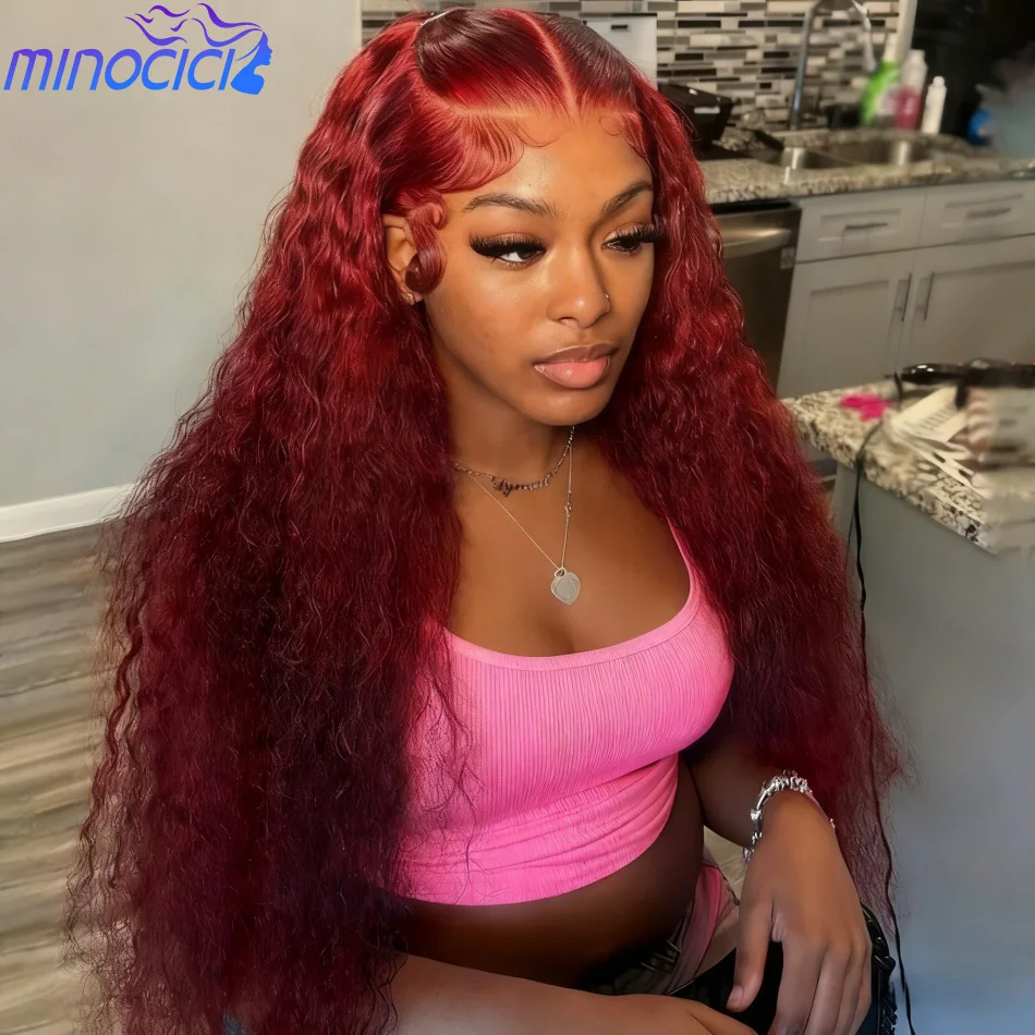 موجة عميقة خصلات الشعر المستعار الإنسان 99J بورجوندي 13X6 Hd الدانتيل الباروكة الأمامية 100% شعر الإنسان 250 كثافة موجة المياه شعر مستعار برازيلي منزوع مسبقًا