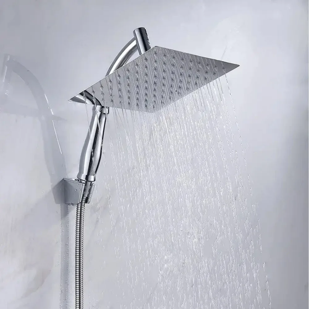 Zloog Stainless Steel 8 Inch High Pressure Square Shower Set With Holder And Hose Ultra-thin Rainfall Chrome Hand Shower Head