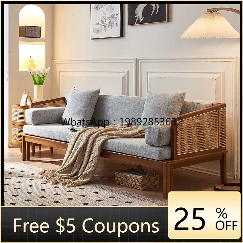 YFY New Chinese Style Rattan Woven  Style Living Room Fabric White Ash Wood Three-Seater Detachable Washable Dual-Use Sofa